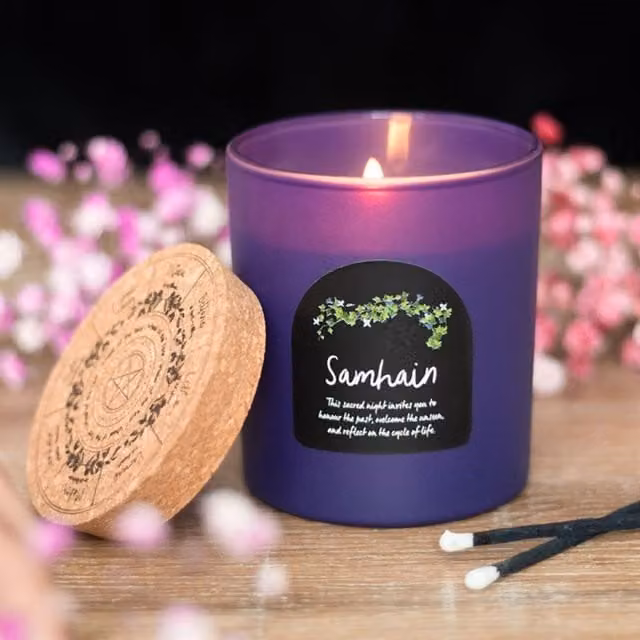 KDMK Samhain Spiced Pumpkin Lavender Wheel of the Year Candle in Purple Glass