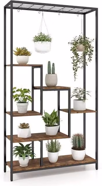 VOGREX 6-Tier Indoor Plant Stand with 10 S Hooks and Wire Shelves in Brown, Height: 180 cm