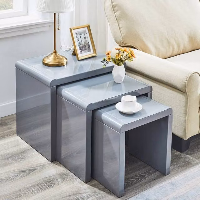 FORGEVIO Set of 3 Nested Square Coffee Tables with Glossy Grey Glass Tops