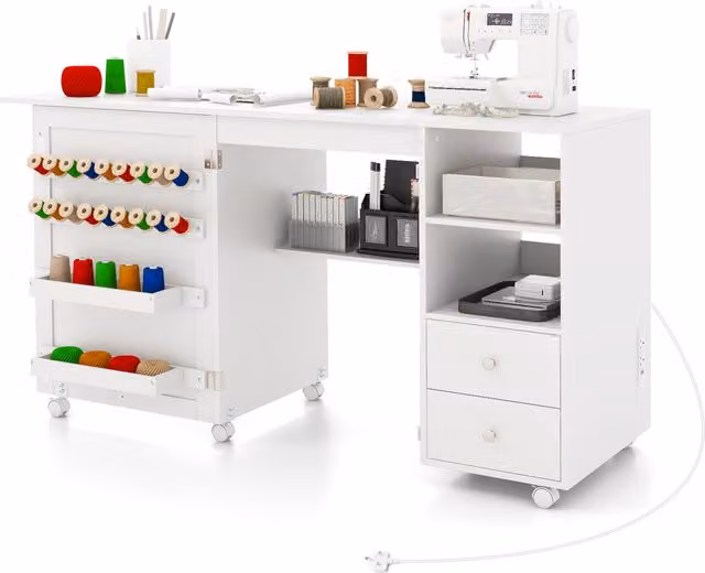 COSTWAY Rolling Sewing Cabinet Craft Table in White