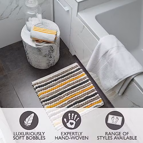 Allure Bath Fashions Square Striped Boho Bath Mat, Yellow and Multicolour Cotton Microfibre, W/D/H: 50 x 50 x 1 cm – 4