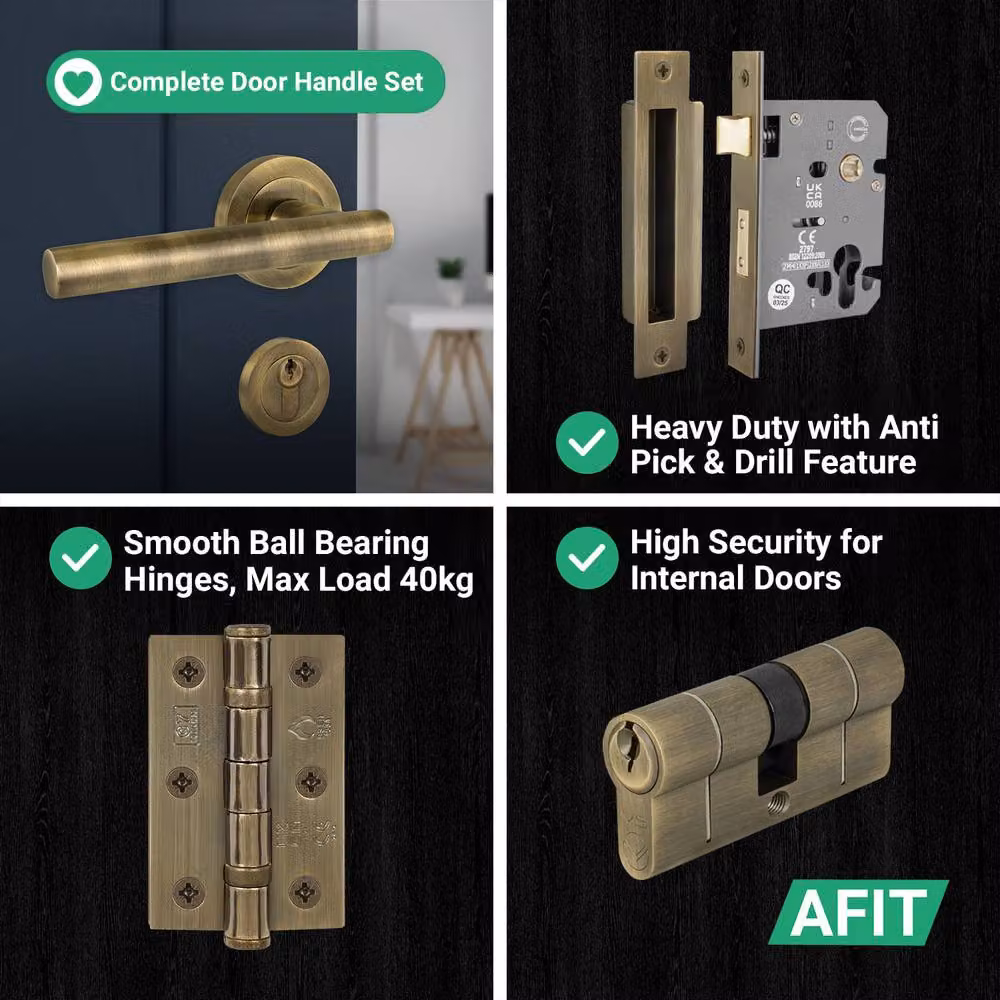 AFIT Antique Brass Euro Cylinder Door Handle Lock and Hinges Complete Set in Bronze, 150 x 150 mm – 7