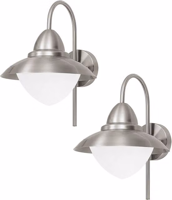 Loops 2 Pack Stainless Steel Outdoor Wall Lanterns in Silver with Opal Glass, IP44 Rated, E27 60W – 1