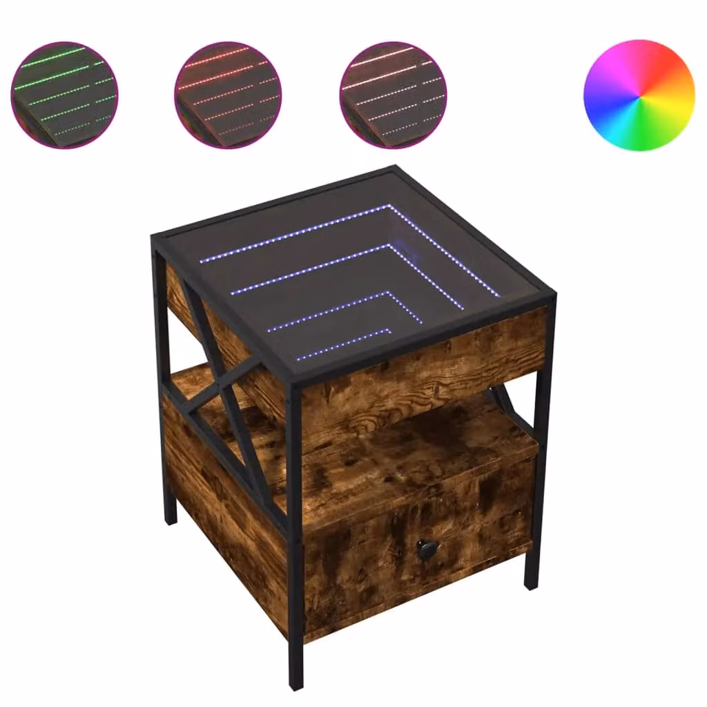 Berkfield Home Bedside Table with Infinity LED and Mirror Top in Smoked Oak Brown, W/D/H: 40 x 40 x 51 cm – 2