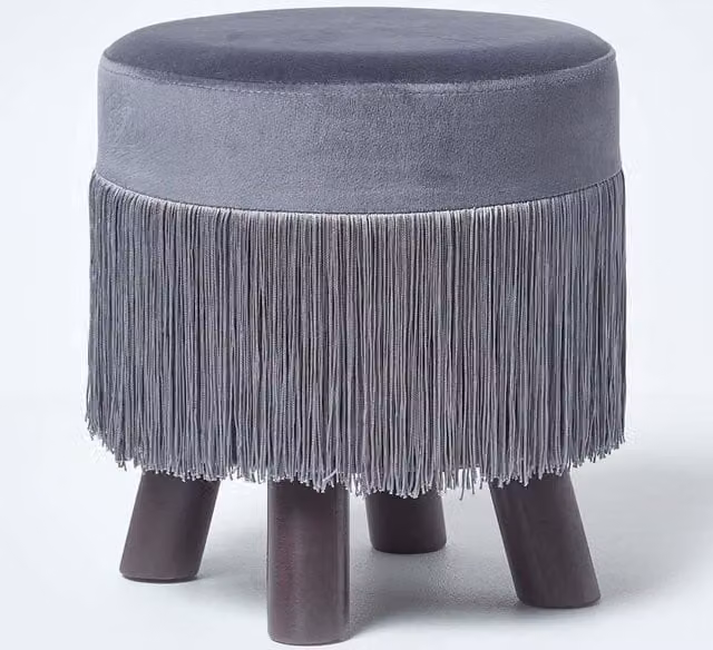Homescapes Warwick Grey Velvet Footstool with Cylindrical Wood Legs W/D/H: 35 x 35 x 32 cm