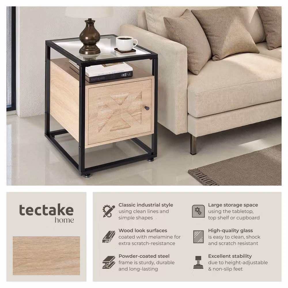 tectake Kidderminster Bedside Table with Shelf and Cupboard in Light Oak, W/D/H: 40 x 43 x 60.5 cm – 2