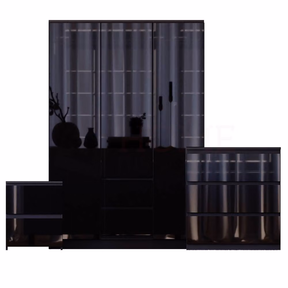 Vida Designs Glinton 3 Piece Black Glossy Modern Bedroom Set Including 2 Bedside Tables, 3 Drawer Chest and Wardrobe – 3