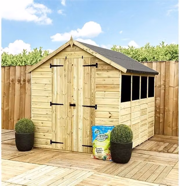 Marlborough Pressure Treated Low Eaves Apex Garden Shed with Double Door and Window in Beige – 1