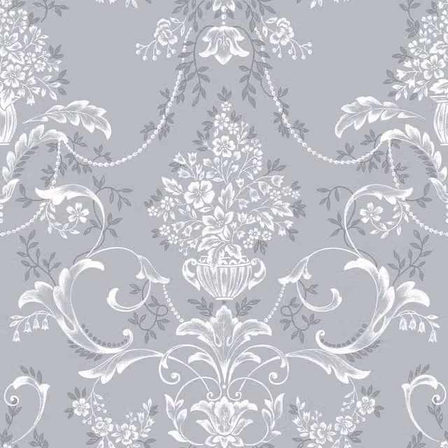 Rasch Amelie Blue Damask Floral Botanical Matt Paper Wallpaper
