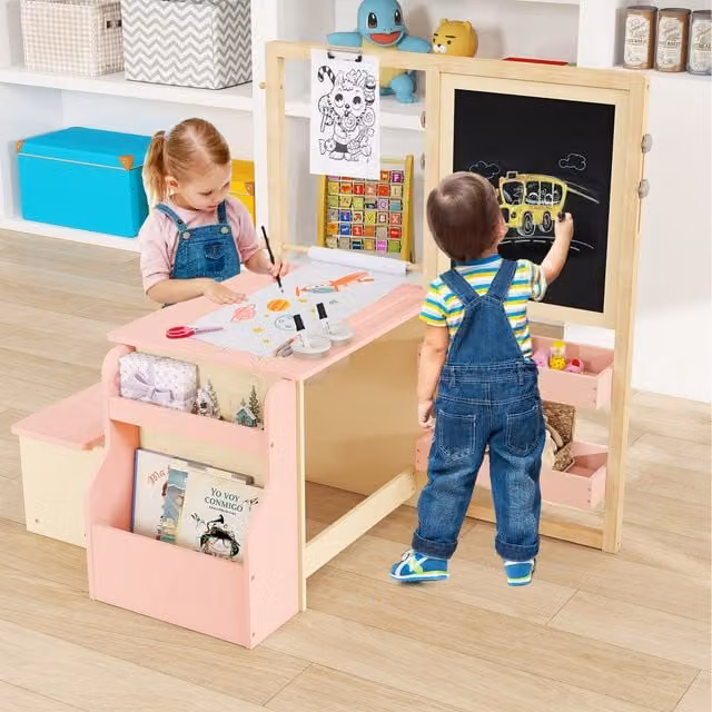 Costway Kids Art Easel Table and Bench Set in Pink with Height-Adjustable Reversible Board