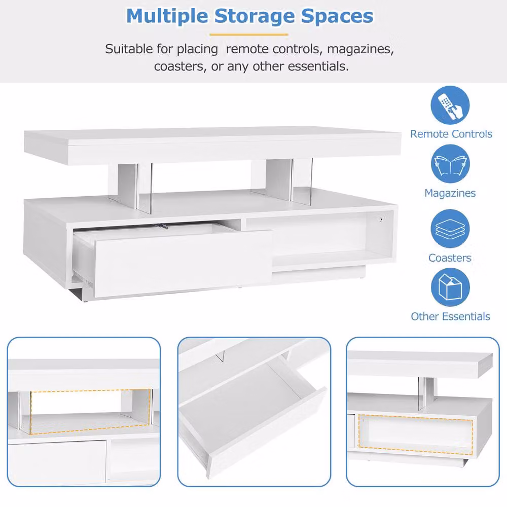 BTM High Gloss LED Coffee Table with 2 Drawers in White – 4