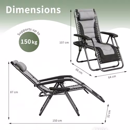 MCC Direct Set of 2 Zero Gravity Reclining Sun Lounger Chairs in Black and Grey Oxford Fabric – 3
