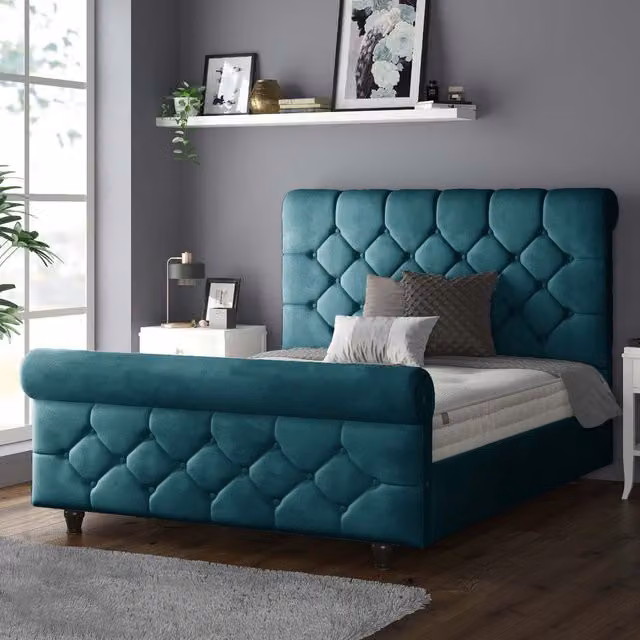 IH Design Chesterfield Upholstered Velvet Bed Frame in Petrol Green, W/D/H: 180 x 200 cm