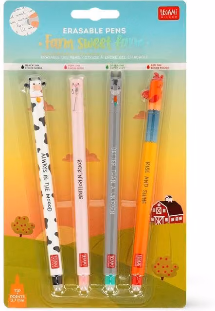 Legami Farm Sweet Farm Erasable Rollerball Pens, Multicolour, Pack of 4
