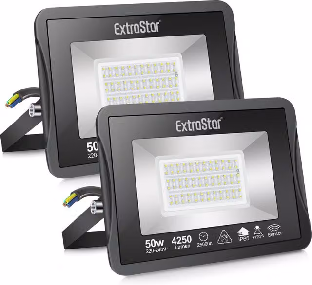 ExtraStar LED Flood Light with Motion Sensor, Black, IP65 Waterproof Aluminium Wall Light