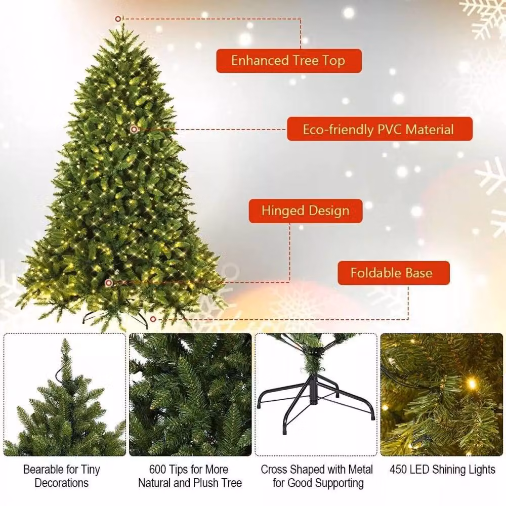 Costway 5ft Pre-Lit Artificial Christmas Tree in Green with 450 LED Lights and 8 Lighting Modes – 4
