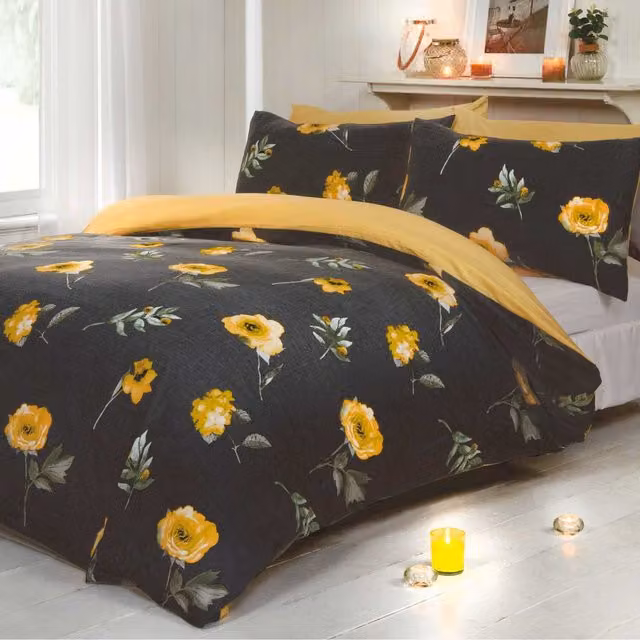 Rapport Home Darcy Reversible Floral Polycotton Duvet Set with Pillowcase, Multicolour (Grey, Yellow) W/D/H: 240 x 220 cm and 50 x 75 cm
