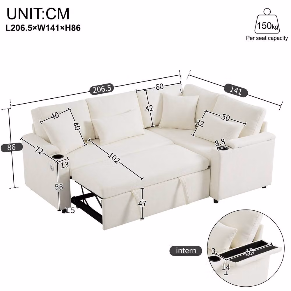 BTM L Shaped Pull Out Sofa Bed in White with USB Charging, Cup Holders and Storage – 4