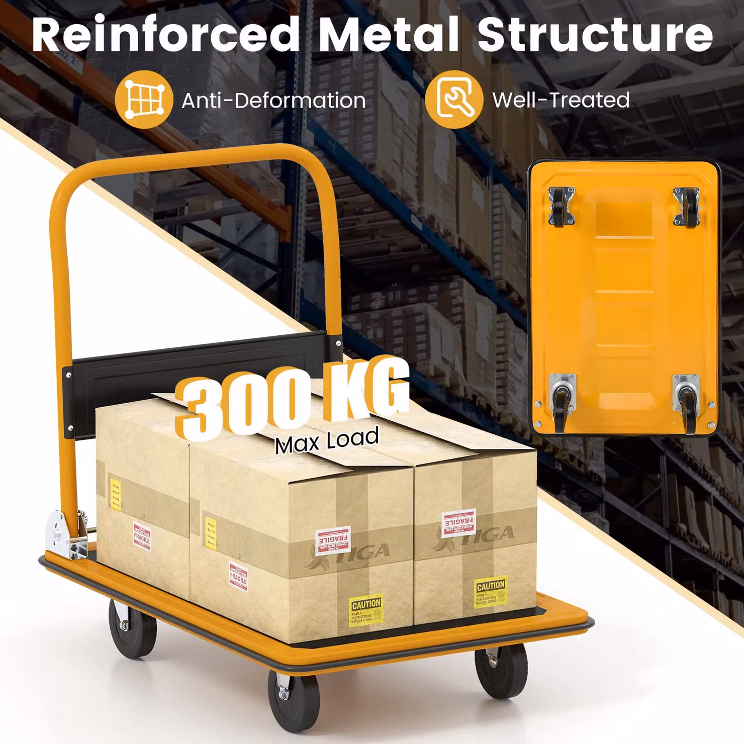 Gymax Metal Folding Platform Truck Push Dolly Cart in Black and Yellow with 300kg Load Capacity – 5