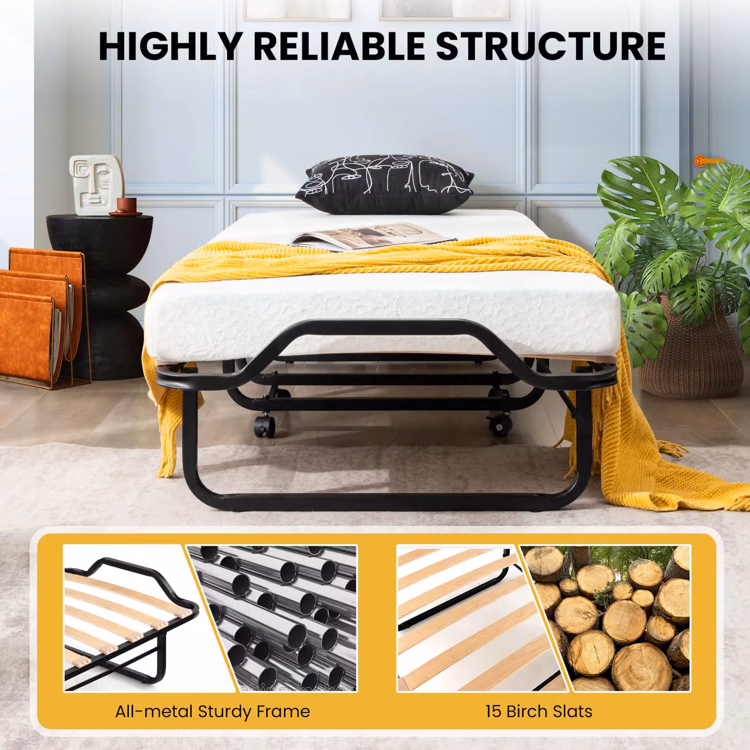 Gymax Portable Folding Rollaway Bed with Foam Mattress and Birch Wood Slats in White – 4