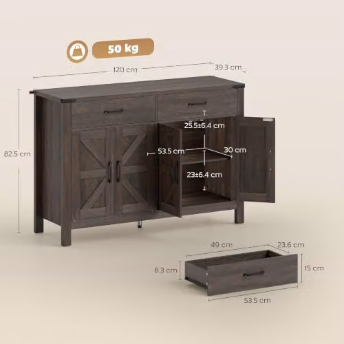 HOMCOM Rustic Farmhouse Sideboard Buffet Cabinet with 4 Doors and 2 Drawers, Brown, W/D/H: 120 x 39.3 x 82.5 cm – 3