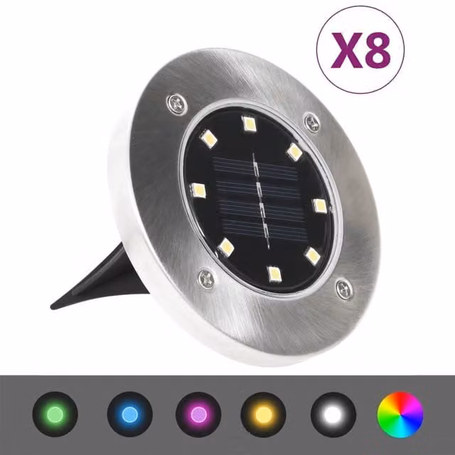 Berkfield Home Solar LED Ground Lights, 8 Piece RGB Multicolour Set in Silver