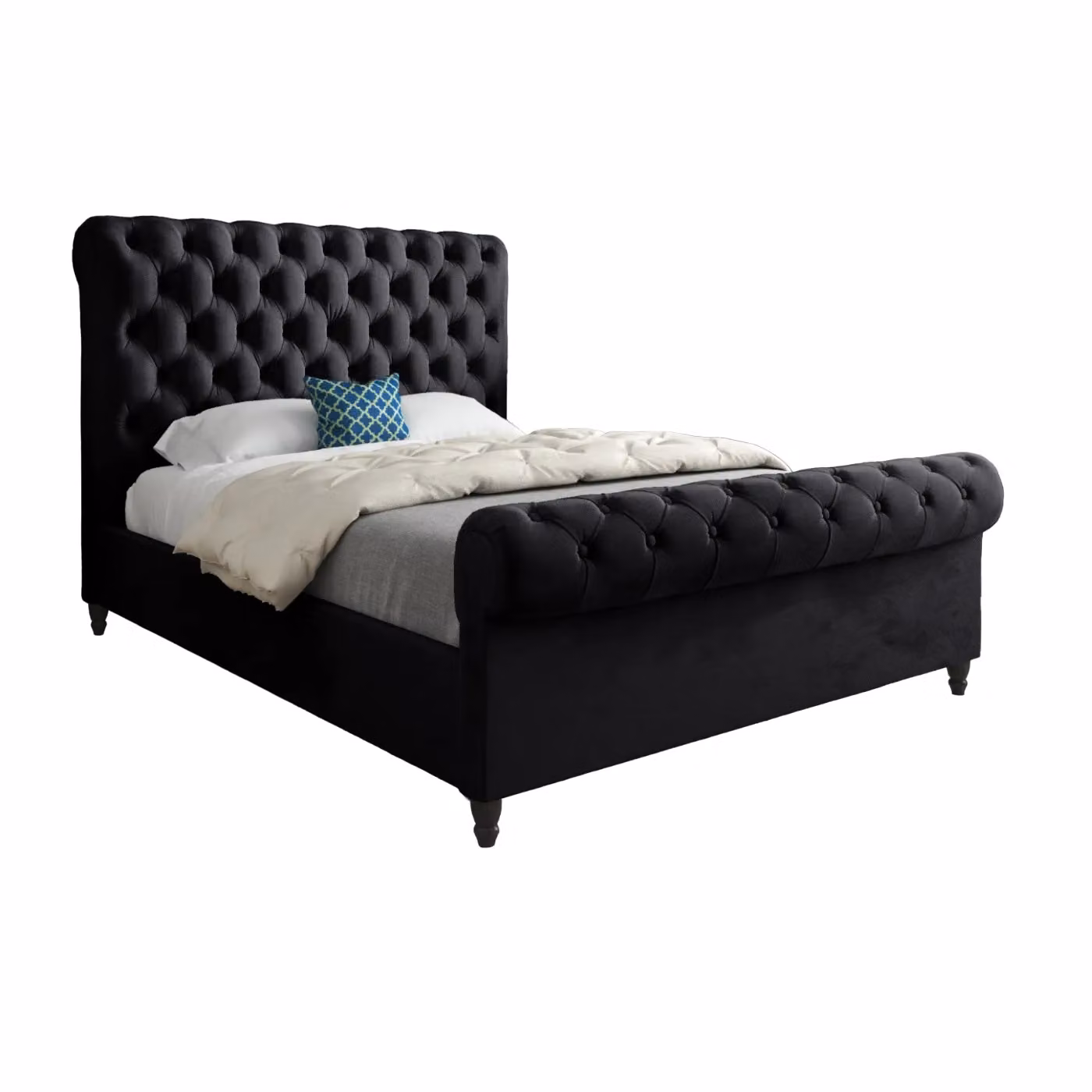 Casani Sienna Sleigh Upholstered Soft Velvet Bed Frame in Black, W/D/H: 120 x 200 x 83 cm – 5