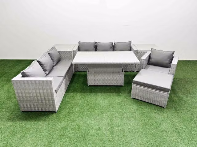 Fimous 7 Piece Rattan Dining Table Set with 3 Seater Sofa in Light Grey