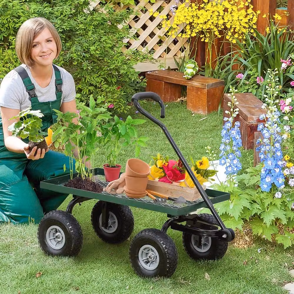 FLAVORA Garden Trolley Cart with Pneumatic Wheels in Green – 5