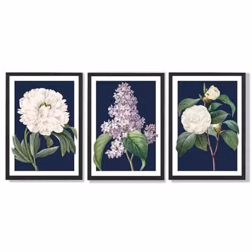 ARTZE Set of 3 Vintage Floral Botanical Wall Art Posters in Navy Blue with Black Frames, W: 33 cm, H: 45 cm, D: 2 cm