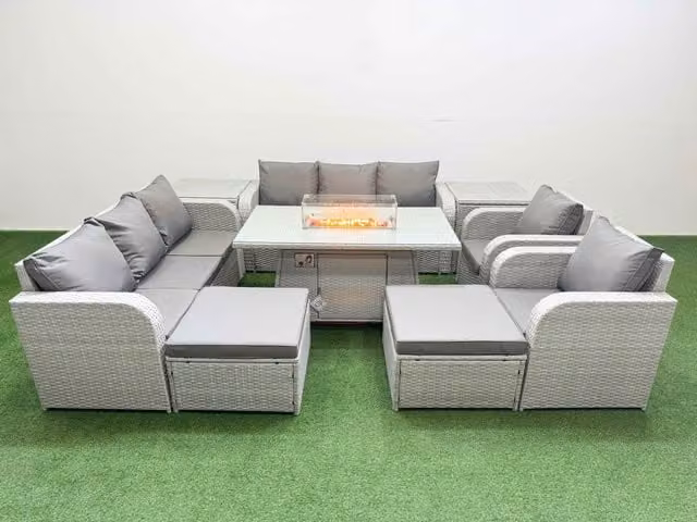 Fimous Grey PE Rattan High Back Lounge Sofa Set with Firepit Dining Table, 3 Seater Sofa, Reclining Chair, 2 Footstools and 2 Side Tables