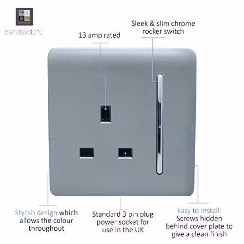 Trendi Switch 1 Gang 13 Amp Single Pole Flush Socket in Cool Grey – 2