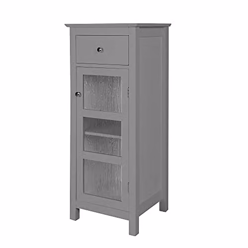 Teamson Home Grey Modern Freestanding Bathroom and Living Room Cabinet with Glass Doors and Internal Shelves H: 91.4 cm, W: 38.1 cm, D: 35.6 cm