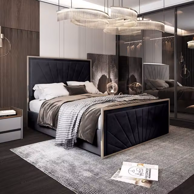 KDMD Naptime Modern Upholstered Velvet Metal Bed Frame in Black, W/D/H: 140 x 200 cm