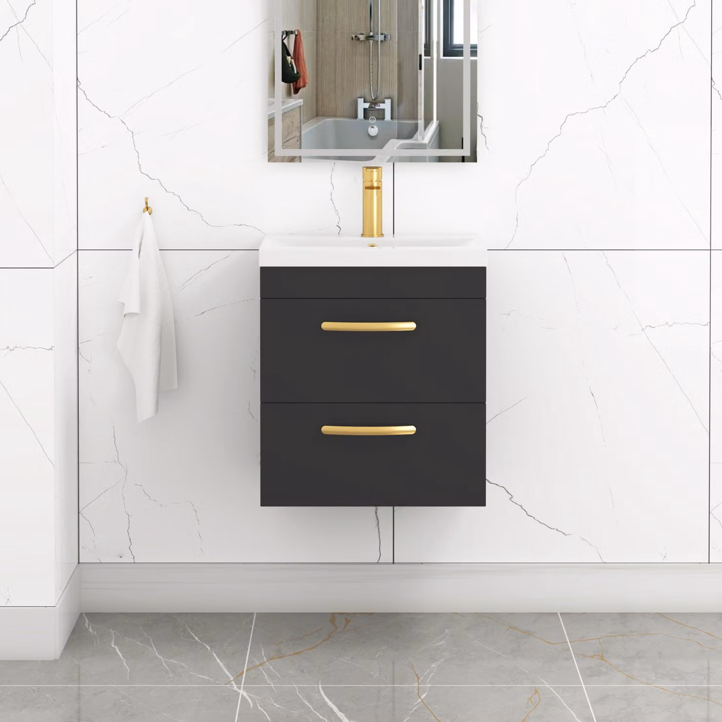 Royal Bathrooms Turin Wall Hung Vanity Unit with 2 Drawers and Mid-Edge Basin, Matt Black with Brushed Brass Handles, Width: 50 cm