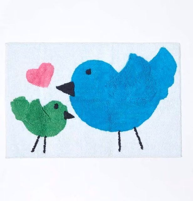 Homescapes Hand Tufted Cotton Kids Rug with Blue Green Birds and Pink Heart Motif in White