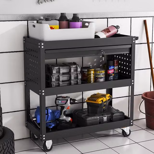 Livingandhome 3 Tier Steel Tool Storage Trolley with Lockable Sliding Drawer, Black