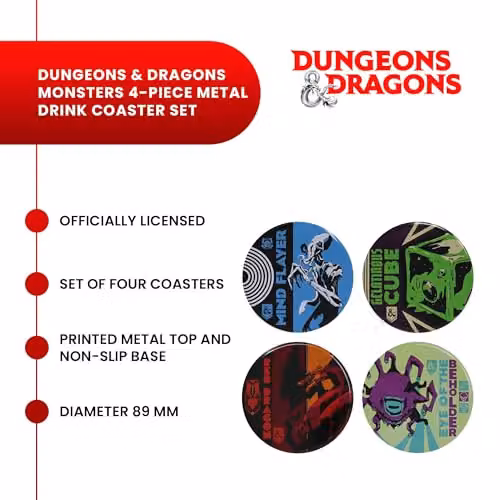 FaNaTtik Dungeons & Dragons Monsters Set of 4 Round Printed Metal and Cork Non-Slip Coasters in Multicolour – 8