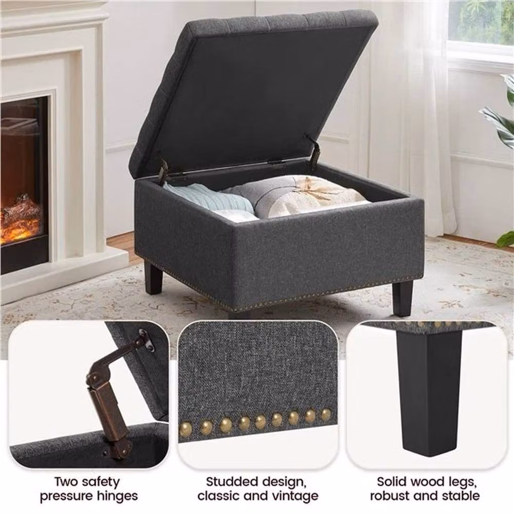 KORVIXA Classic Linen-like Upholstered Entryway Bench in Grey, W/D/H: 100 x 100 x 45 cm – 5