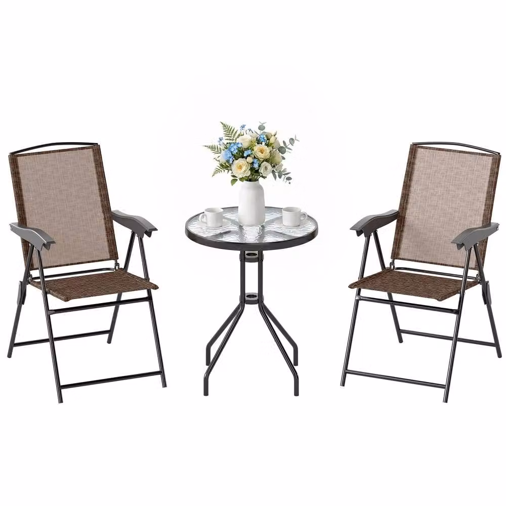 OUTSUNNY 3 Piece Brown Bistro Set with Round Glass Table and Adjustable Backrest Chairs – 2