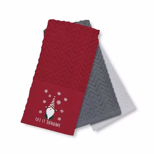 Velosso 3 Pack Let It Sgnome Christmas Tea Towel Set, Absorbent Cotton, Red, Green and Grey