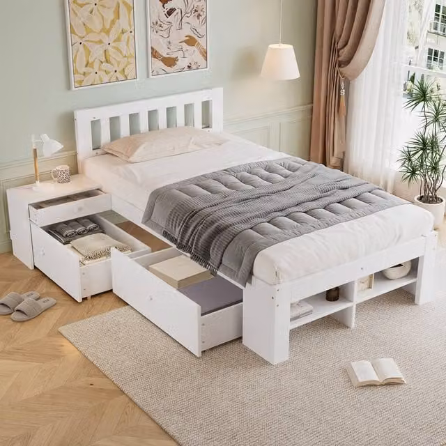 Matteo White Single Wooden Bed Frame with Storage Drawers and Bedside Shelf, W/D/H: 90 x 190 x 91.44 cm