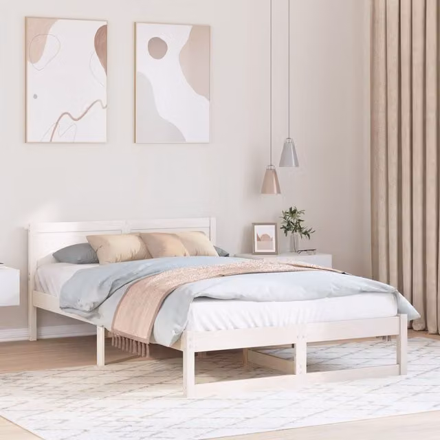 Berkfield Home White Solid Pine Wood Bed Frame W/D/H: 140 x 190 cm