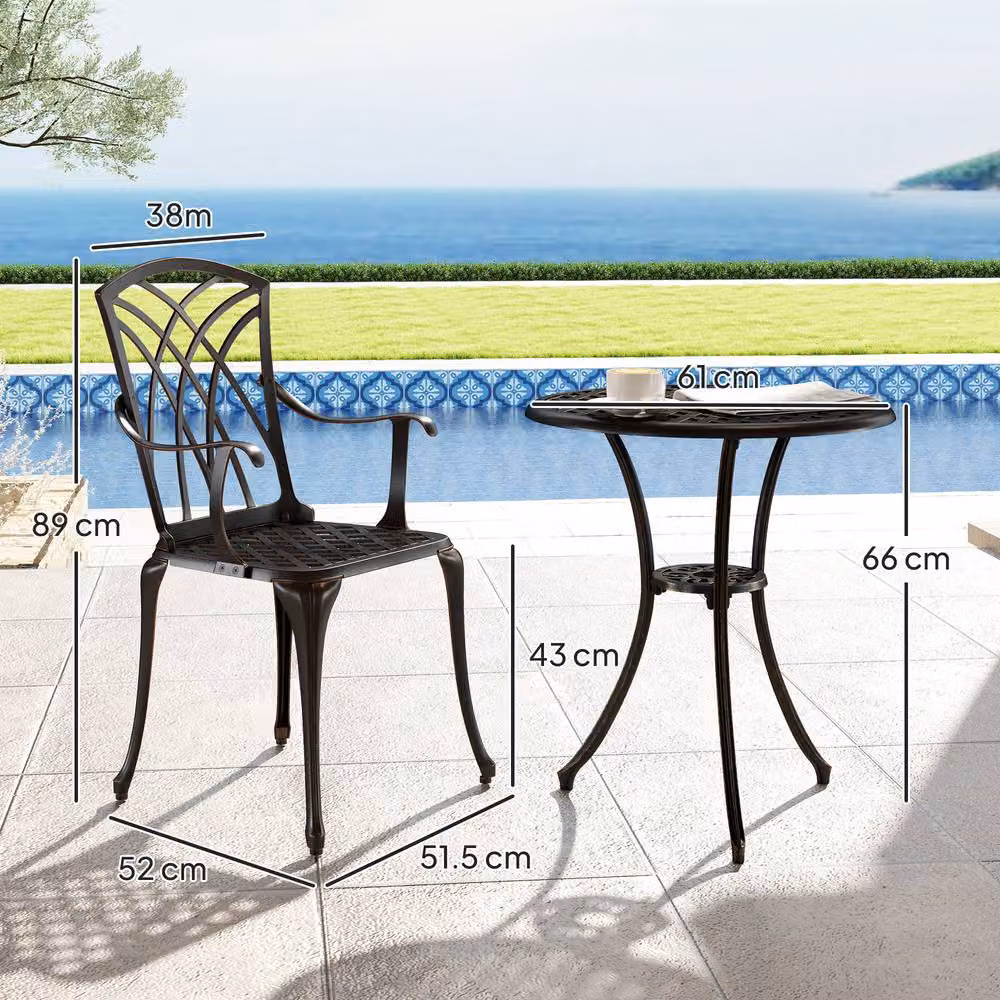 Outsunny 3 Piece Metal Garden Bistro Set with Umbrella Hole in Bronze and Black – 2