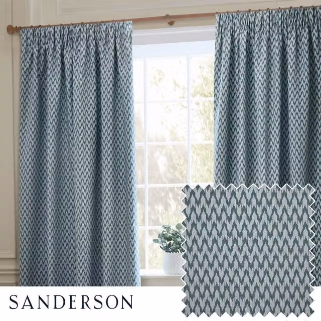 Sanderson Hutton Blue Pencil Pleat Opaque Fabric Curtains, Width: 117 cm, Drop: 183 cm – 1