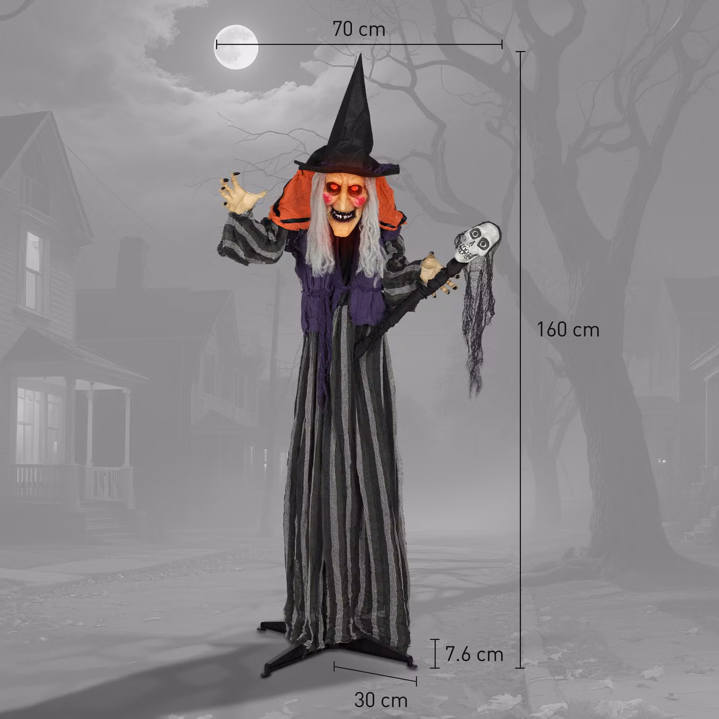 Outsunny 160 cm Animated Life Size Halloween Standing Witch with Skull Staff and Glowing LED Eyes, Multicolour Indoor Party Decoration – 3