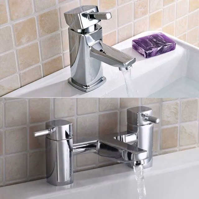 Nes Home Newport Square Mini Basin Mixer and Bath Filler Taps in Chrome Silver