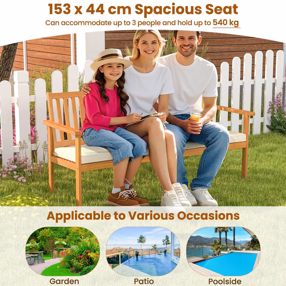 Costway 3-Seat Outdoor Acacia Wood Garden Bench with Removable Weather-Resistant Cushions in Brown – 4