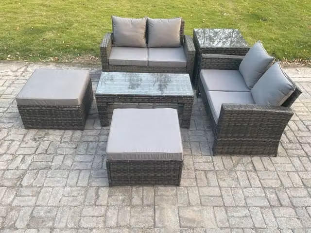 Fimous High Back Rattan Garden Furniture Set in Dark Grey with 2 Seater Sofa, Rectangular Coffee Table, Side Table and 2 Ottomans