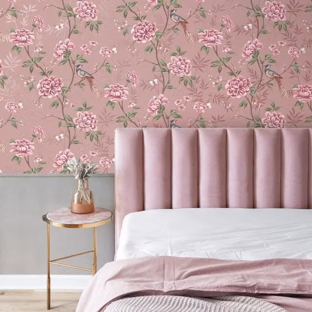 Crown Akina Floral Botanical Wallpaper in Pink and Green